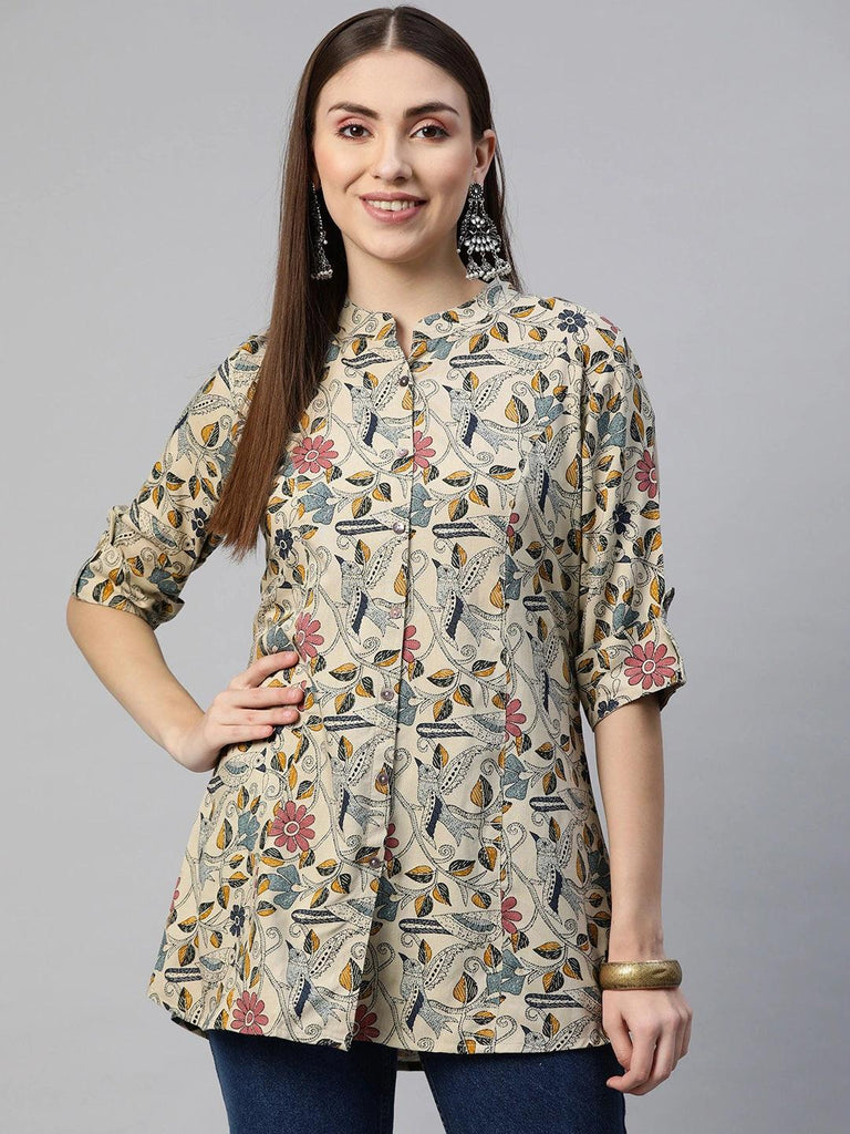 Women's Beige Multi Floral Rayon A-line Shirts Style Top