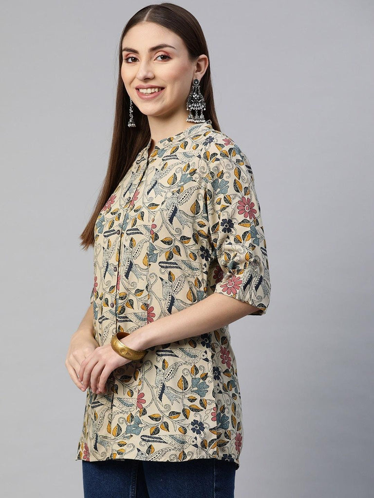 Women's Beige Multi Floral Rayon A-line Shirts Style Top