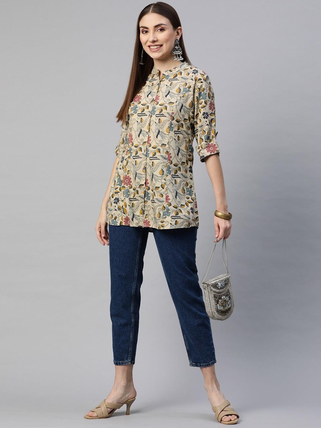 Women's Beige Multi Floral Rayon A-line Shirts Style Top - Taantav