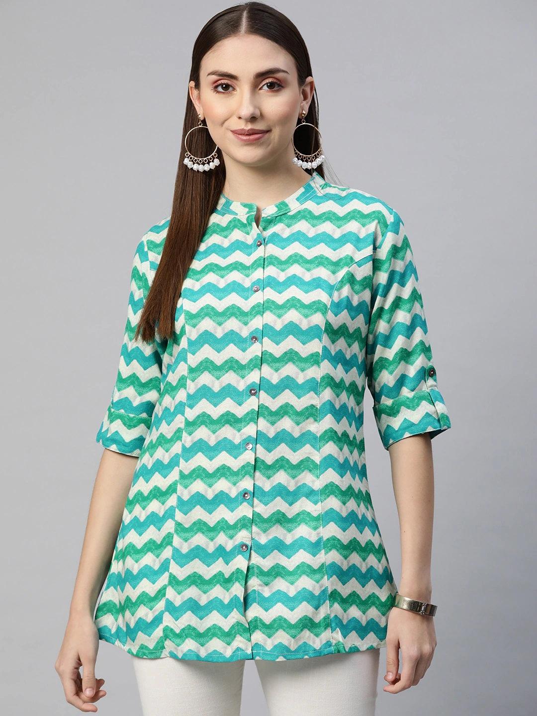 Women's Teal Blue Geometric Rayon A-line Shirts Style Top - Taantav