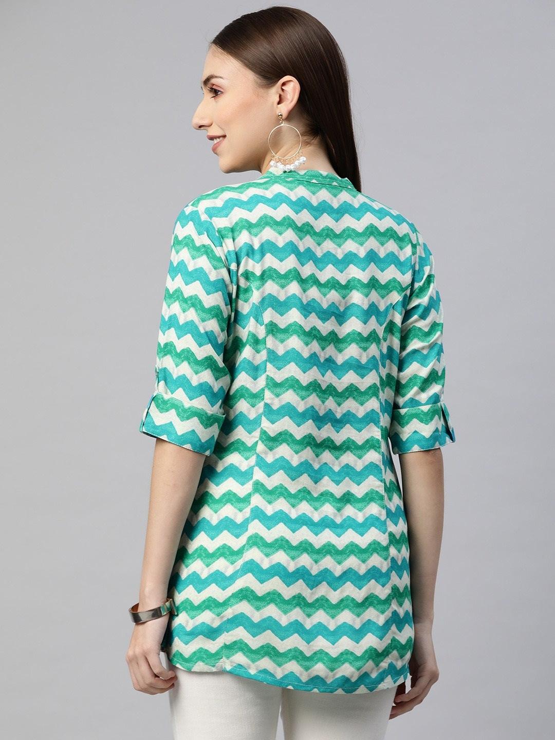 Women's Teal Blue Geometric Rayon A-line Shirts Style Top - Taantav