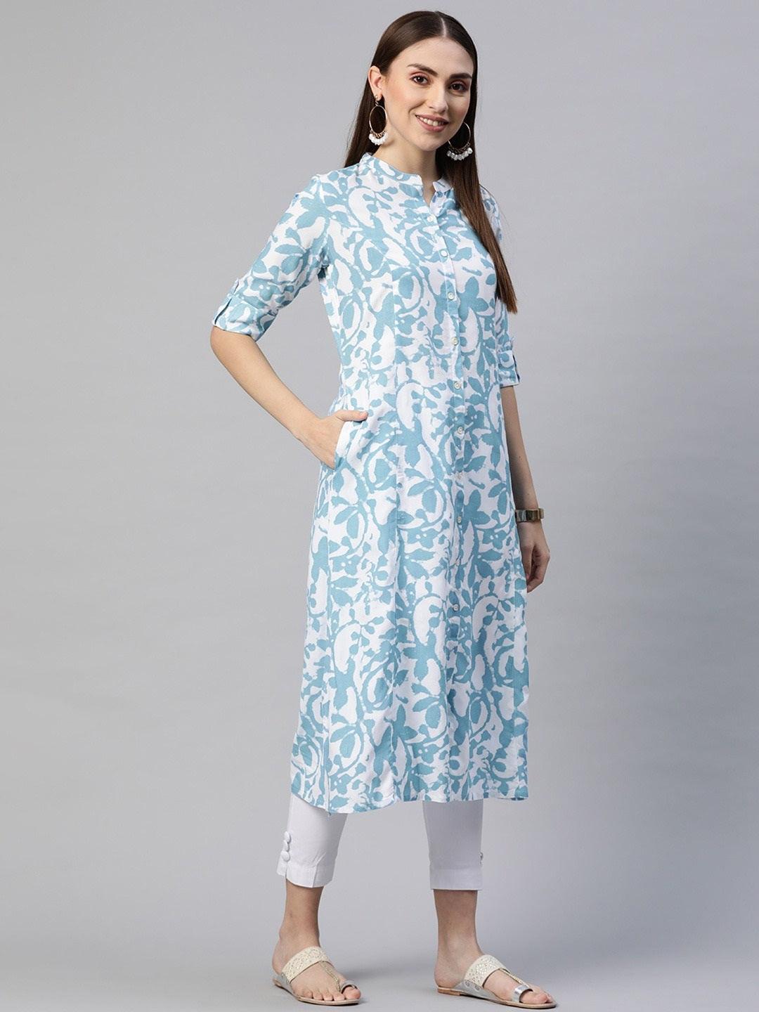 Women's White Blue Cotton A-Line Kurta - Taantav