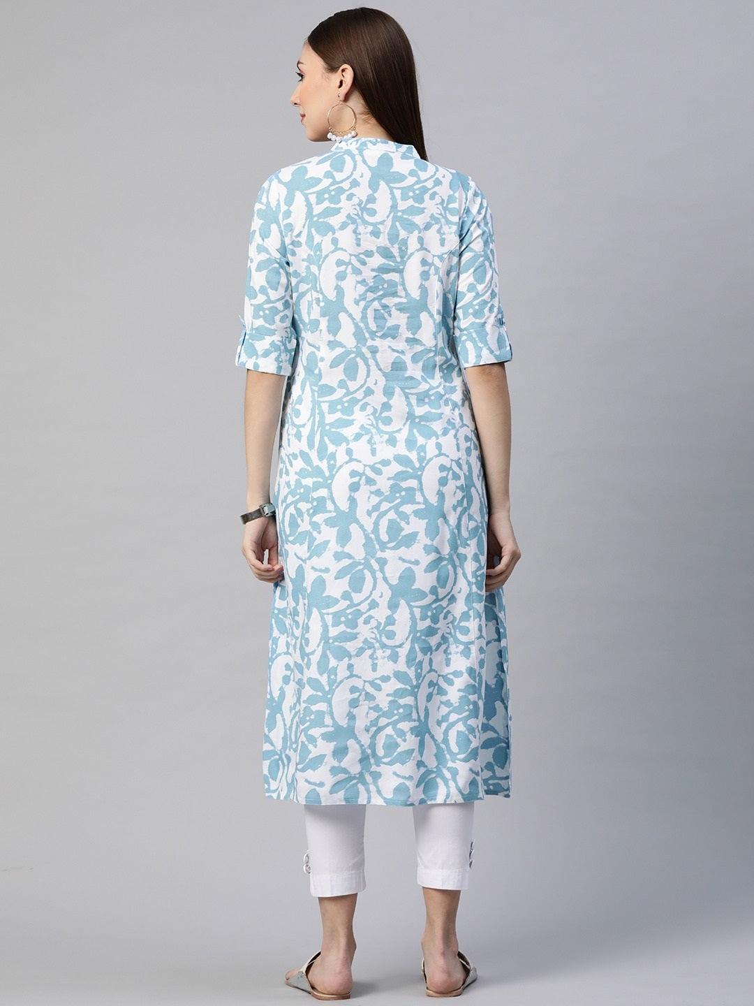 Women's White Blue Cotton A-Line Kurta - Taantav