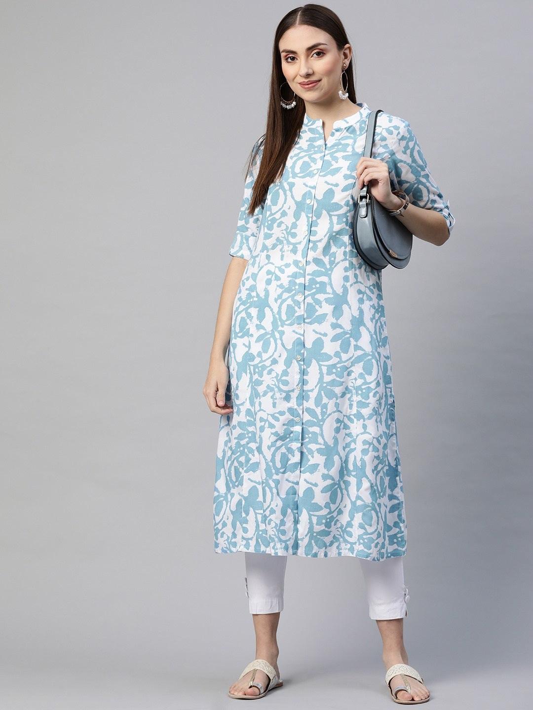 Women's White Blue Cotton A-Line Kurta - Taantav