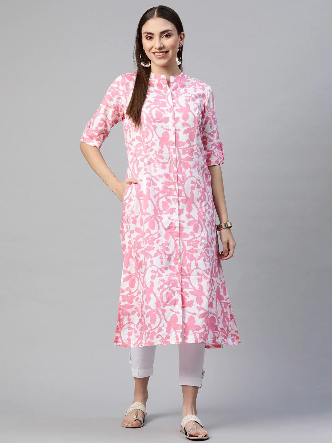 Women's White-Pink Cotton A-Line Kurta - Taantav