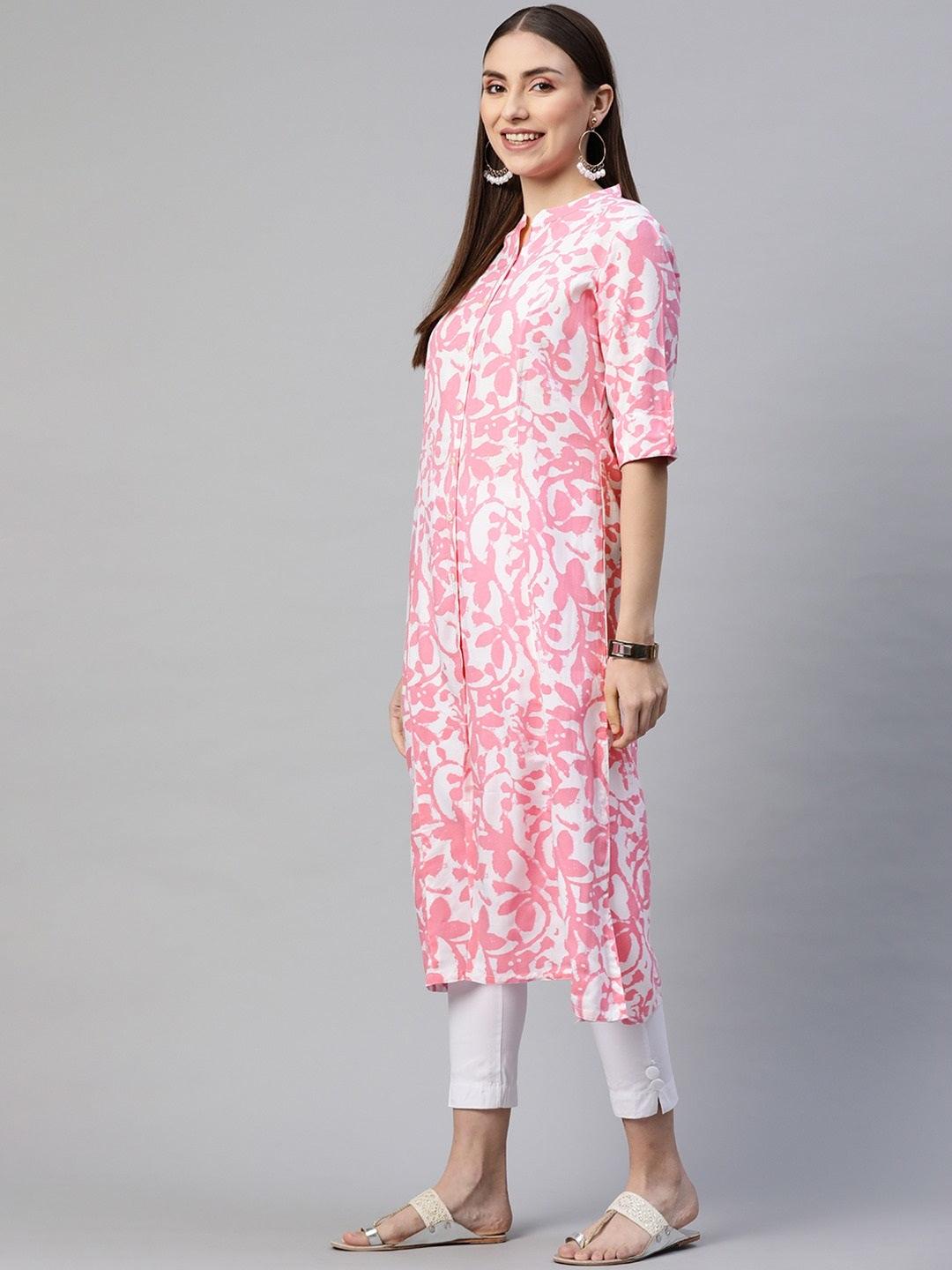 Women's White-Pink Cotton A-Line Kurta - Taantav