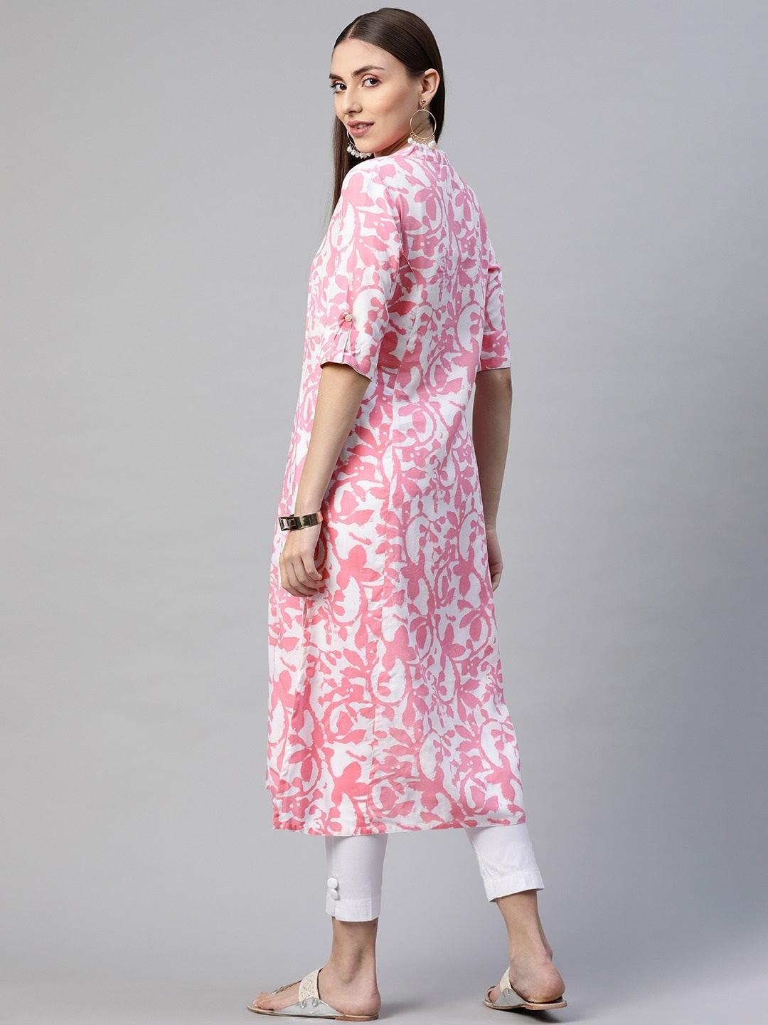 Women's White-Pink Cotton A-Line Kurta - Taantav