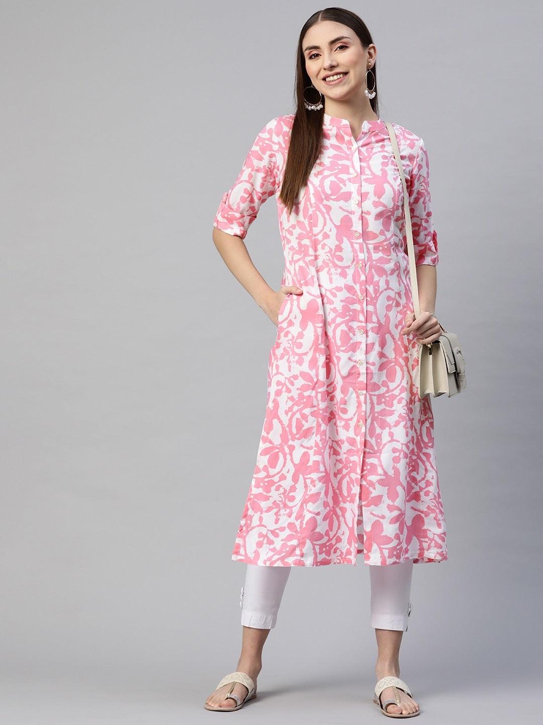 Women's White-Pink Cotton A-Line Kurta - Taantav