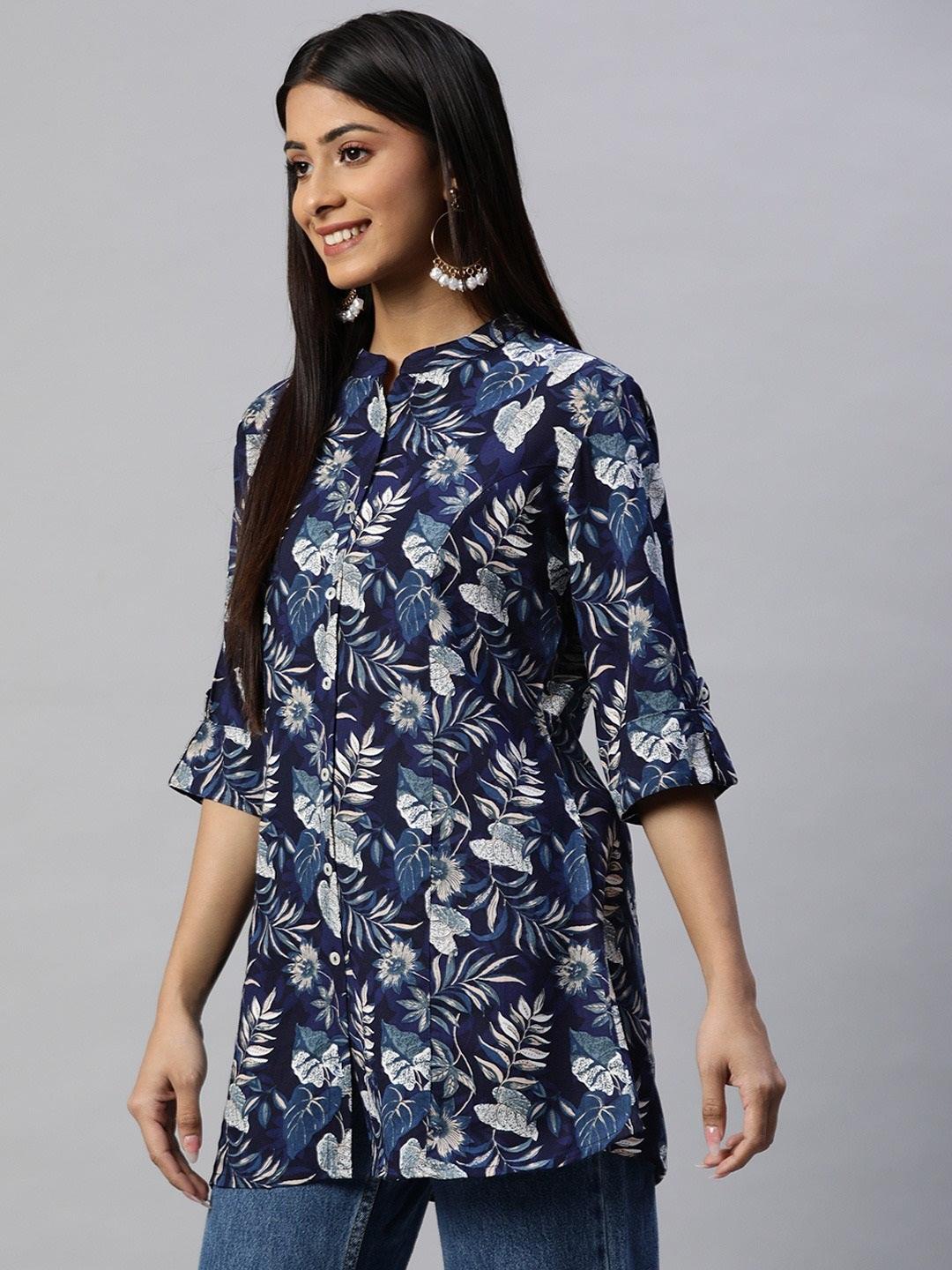 Women's Navy Blue Rayon Printed Top - Taantav