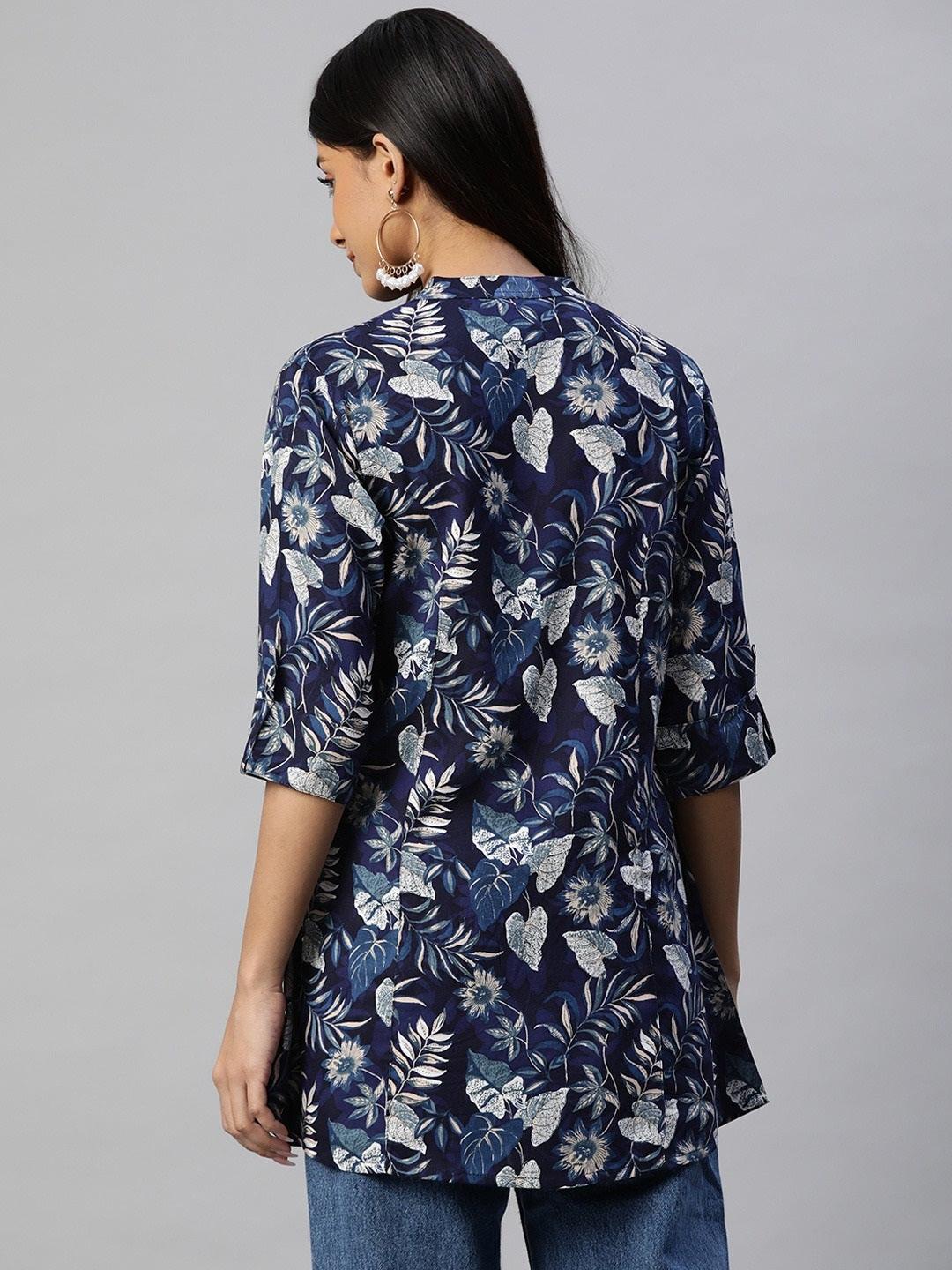 Women's Navy Blue Rayon Printed Top - Taantav