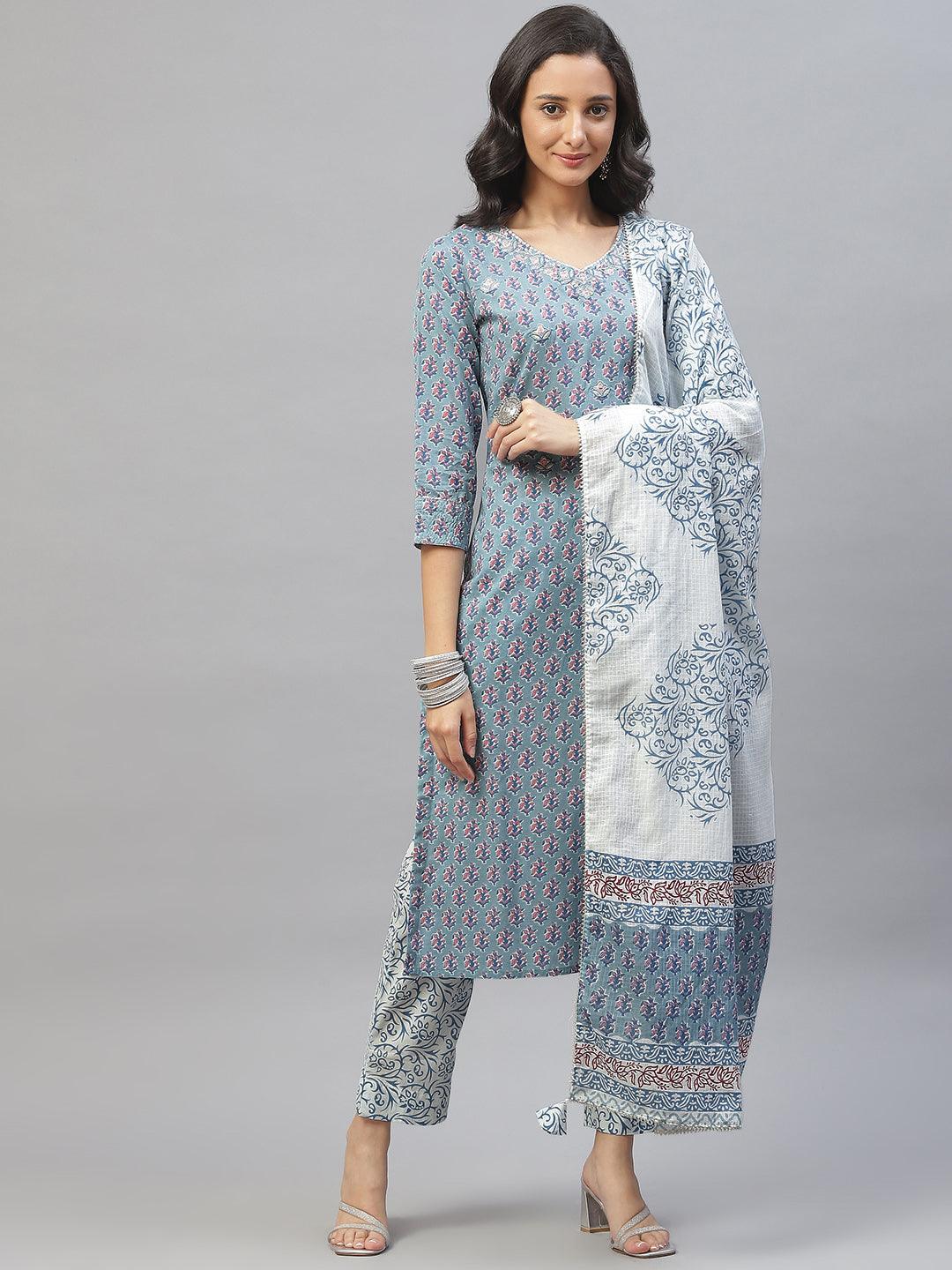 Women's Turquoise Blue Cotton Floral Printed Kurta Pant set with Dupatta - Taantav