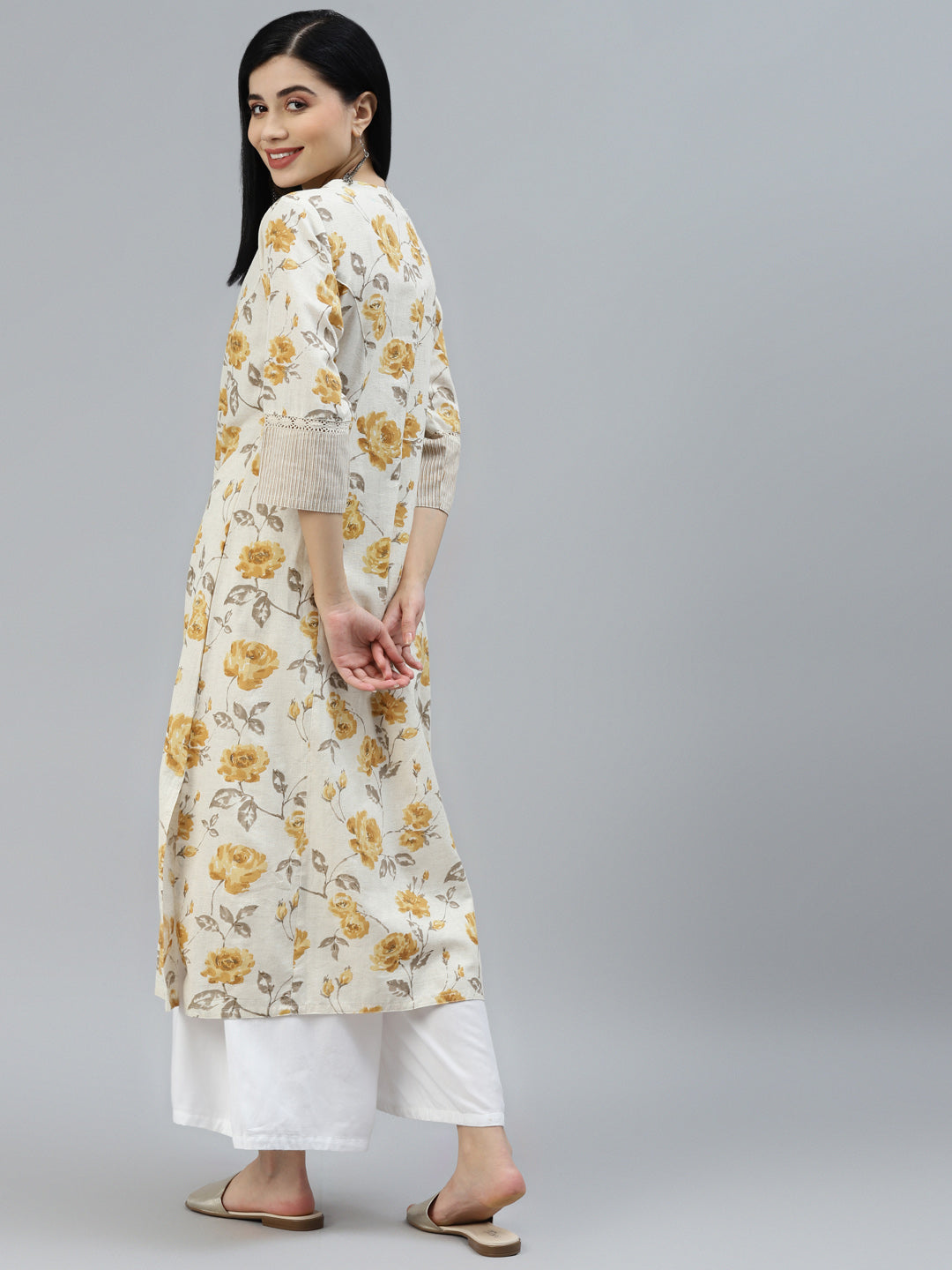 Women's Floral Print Yellow Cotton A-line Kurta - Taantav