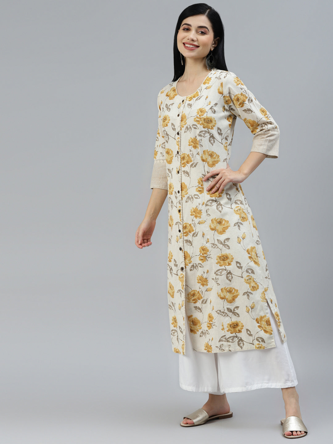 Women's Floral Print Yellow Cotton A-line Kurta - Taantav