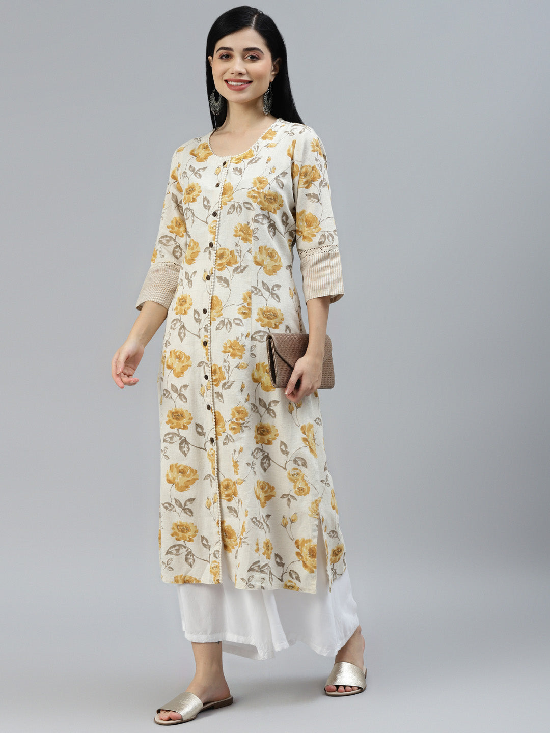 Women's Floral Print Yellow Cotton A-line Kurta - Taantav