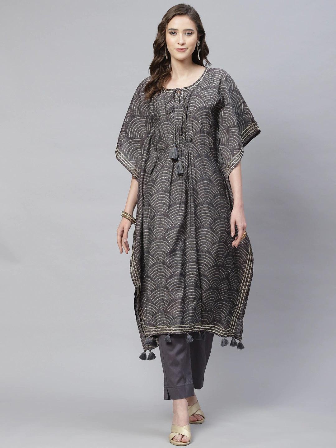 Women's Grey Modal Bandhej Kaftan Pant Set - Taantav