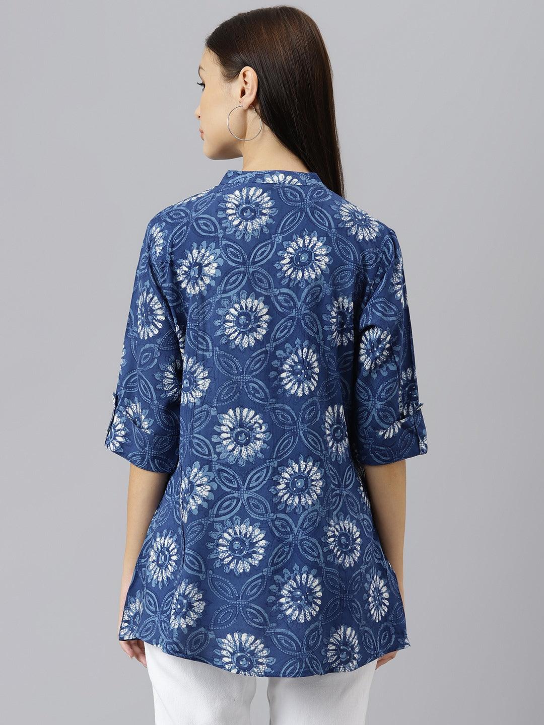 Women's Blue Floral Rayon A-line Shirts Style Top - Taantav