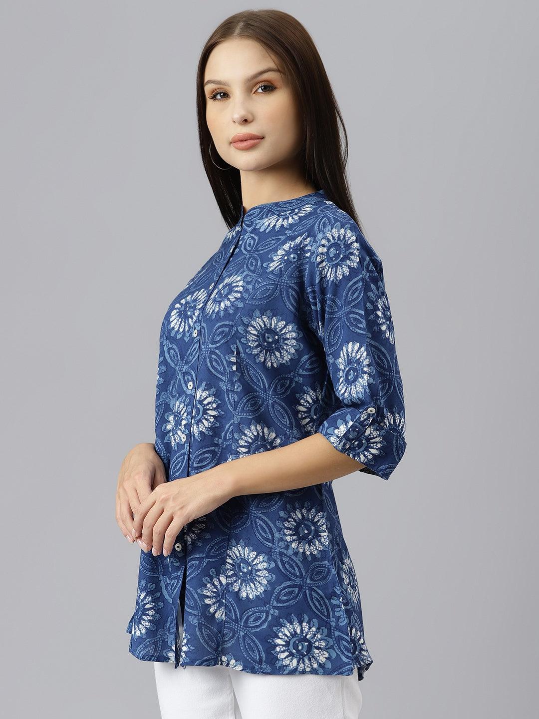 Women's Blue Floral Rayon A-line Shirts Style Top - Taantav