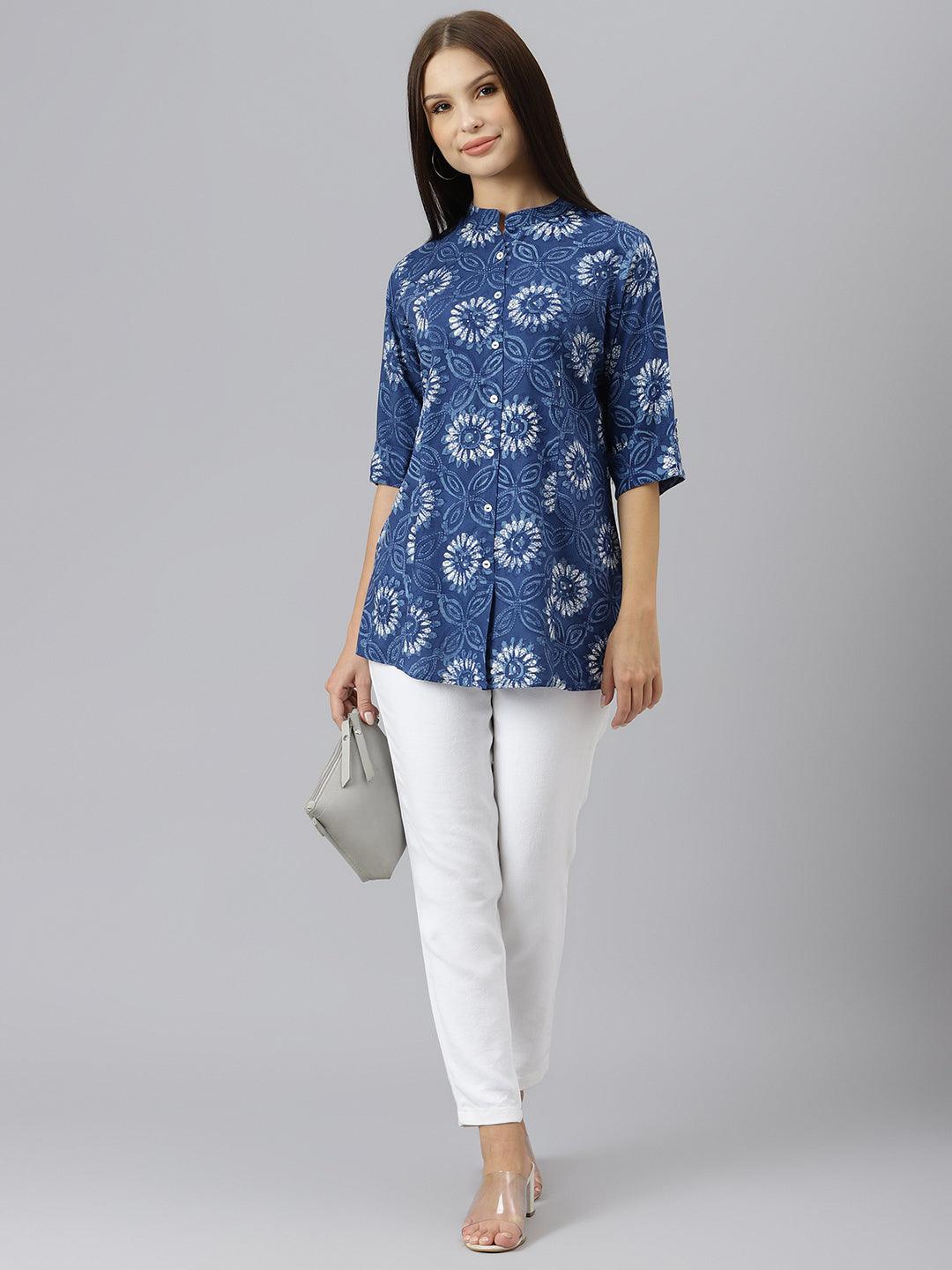 Women's Blue Floral Rayon A-line Shirts Style Top - Taantav