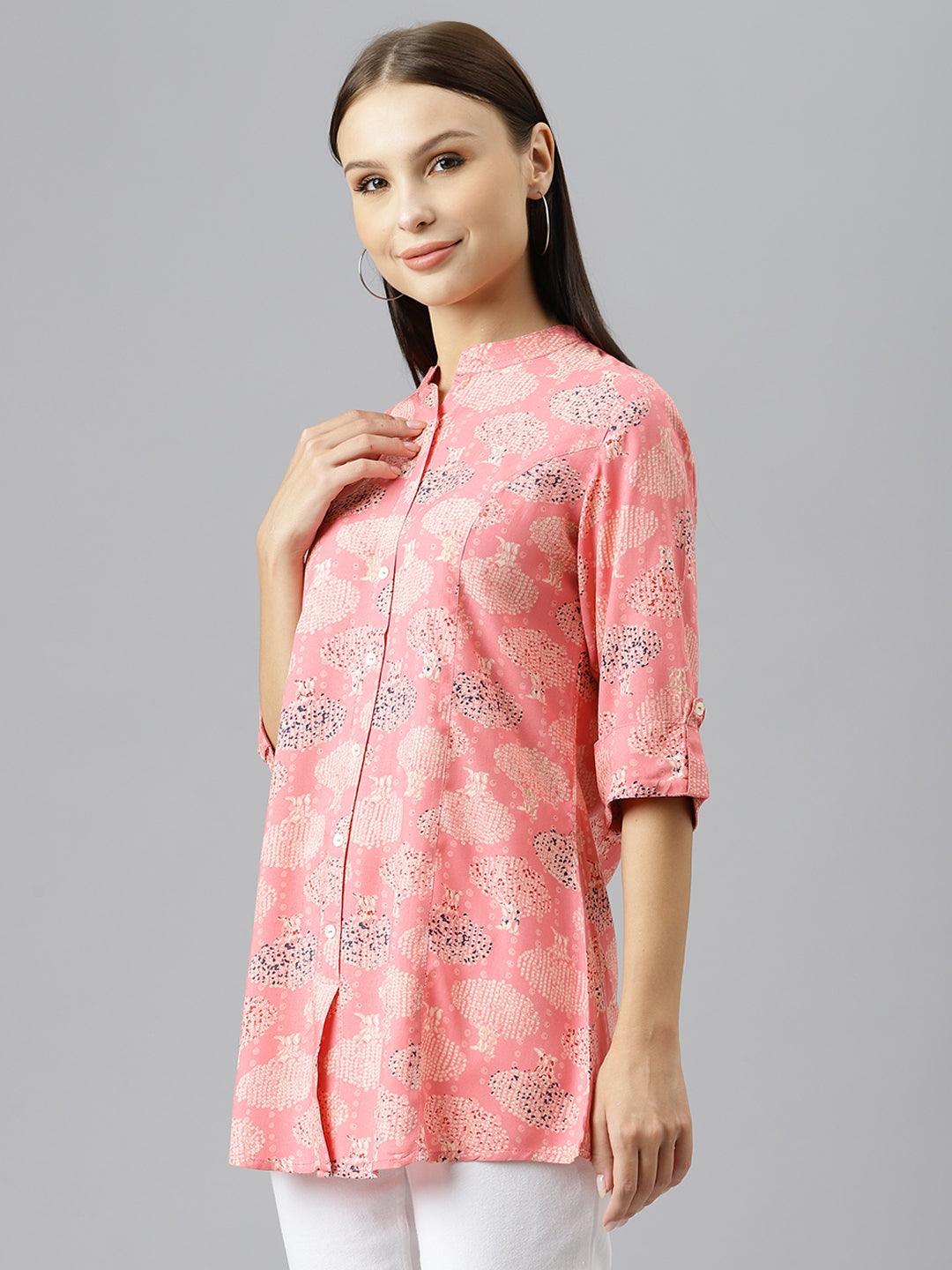 Women's Peach Floral Rayon A-line Shirts Style Top - Taantav