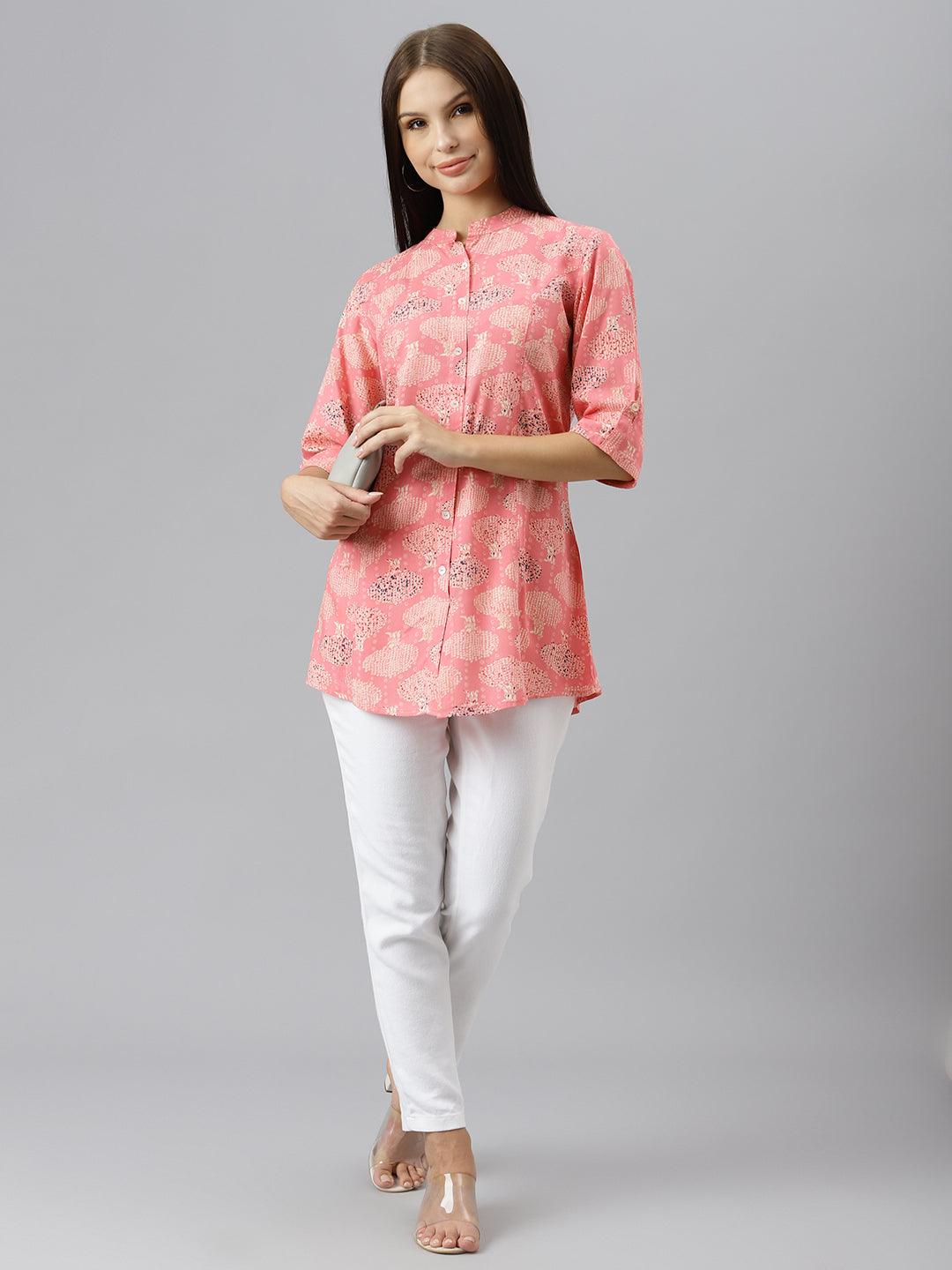 Women's Peach Floral Rayon A-line Shirts Style Top - Taantav