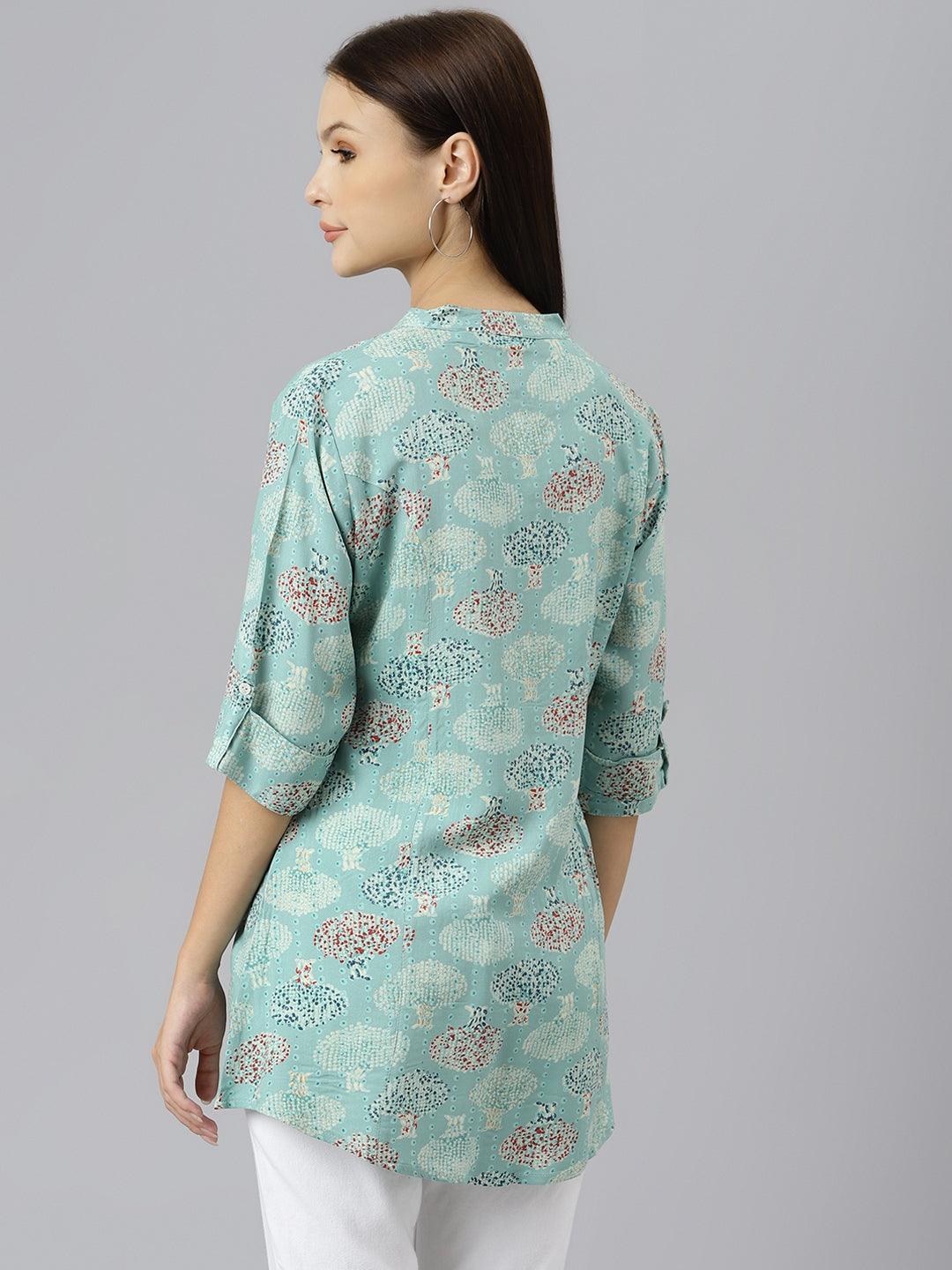 Women's Sea Green Floral Rayon A-line Shirts Style Top - Taantav