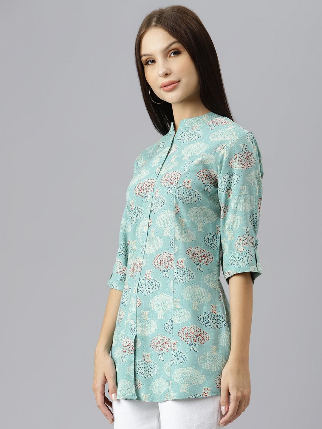 Women's Sea Green Floral Rayon A-line Shirts Style Top - Taantav