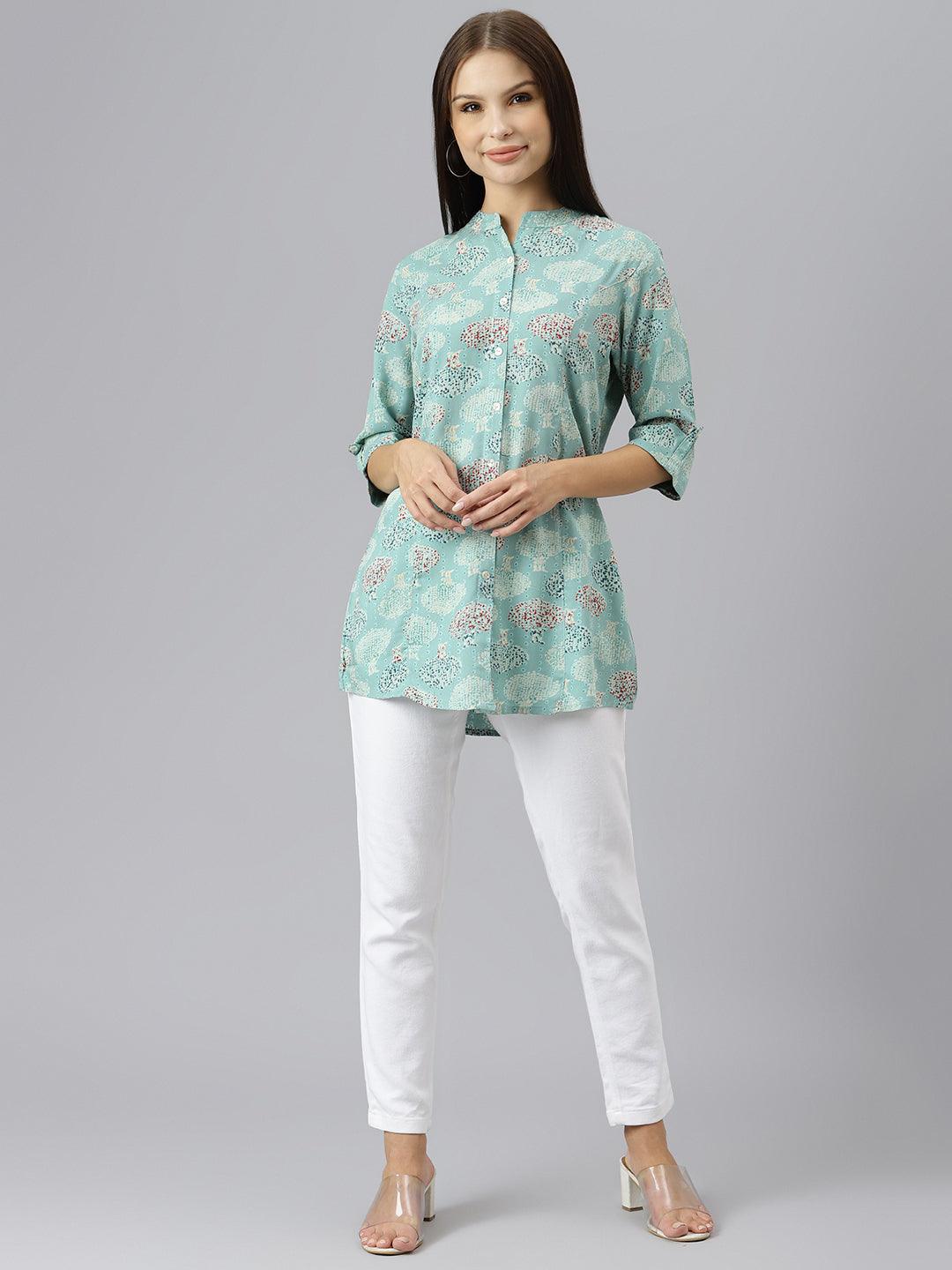 Women's Sea Green Floral Rayon A-line Shirts Style Top - Taantav