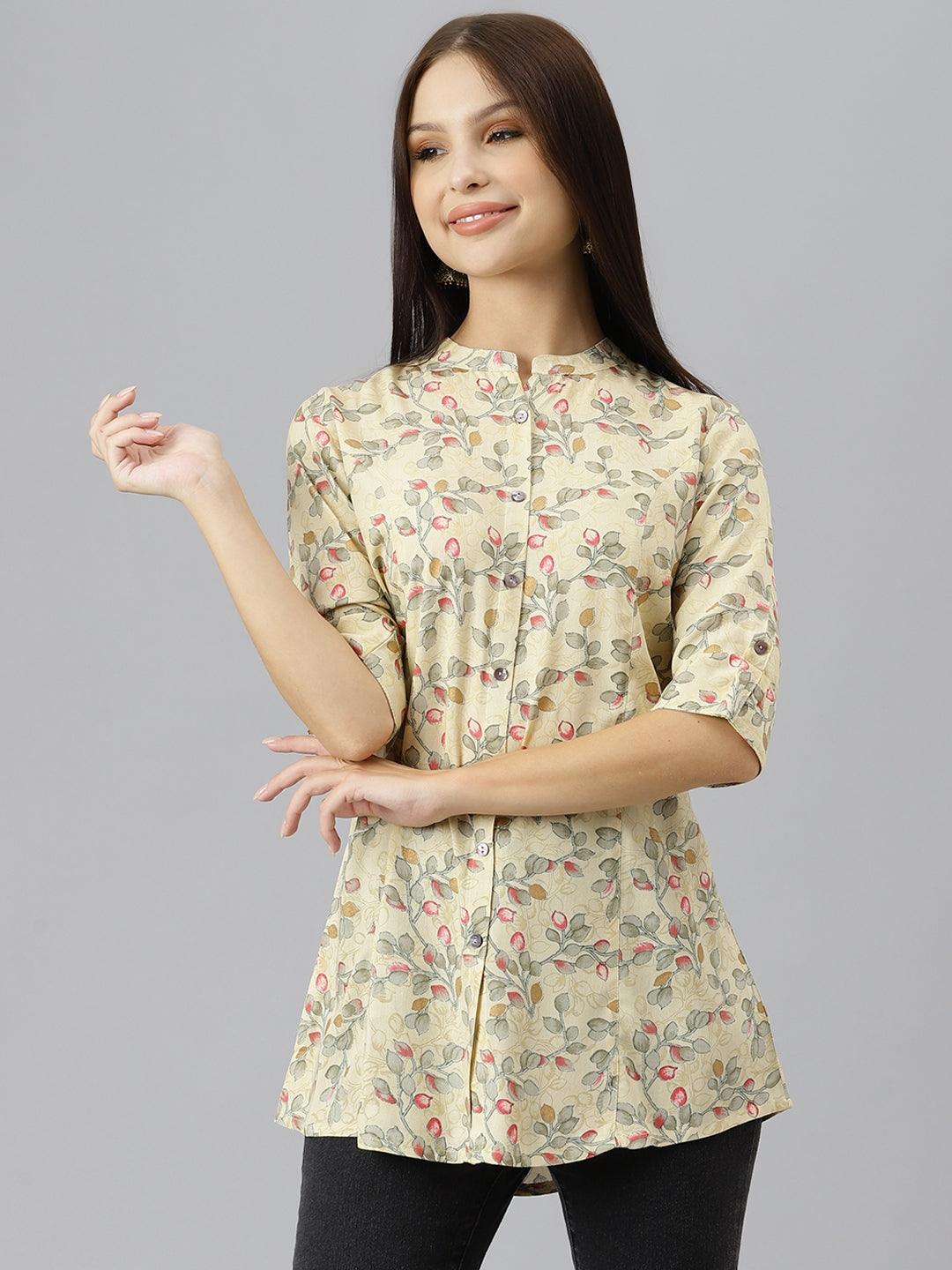 Women's Beige Floral Rayon A-line Shirts Style Top - Taantav