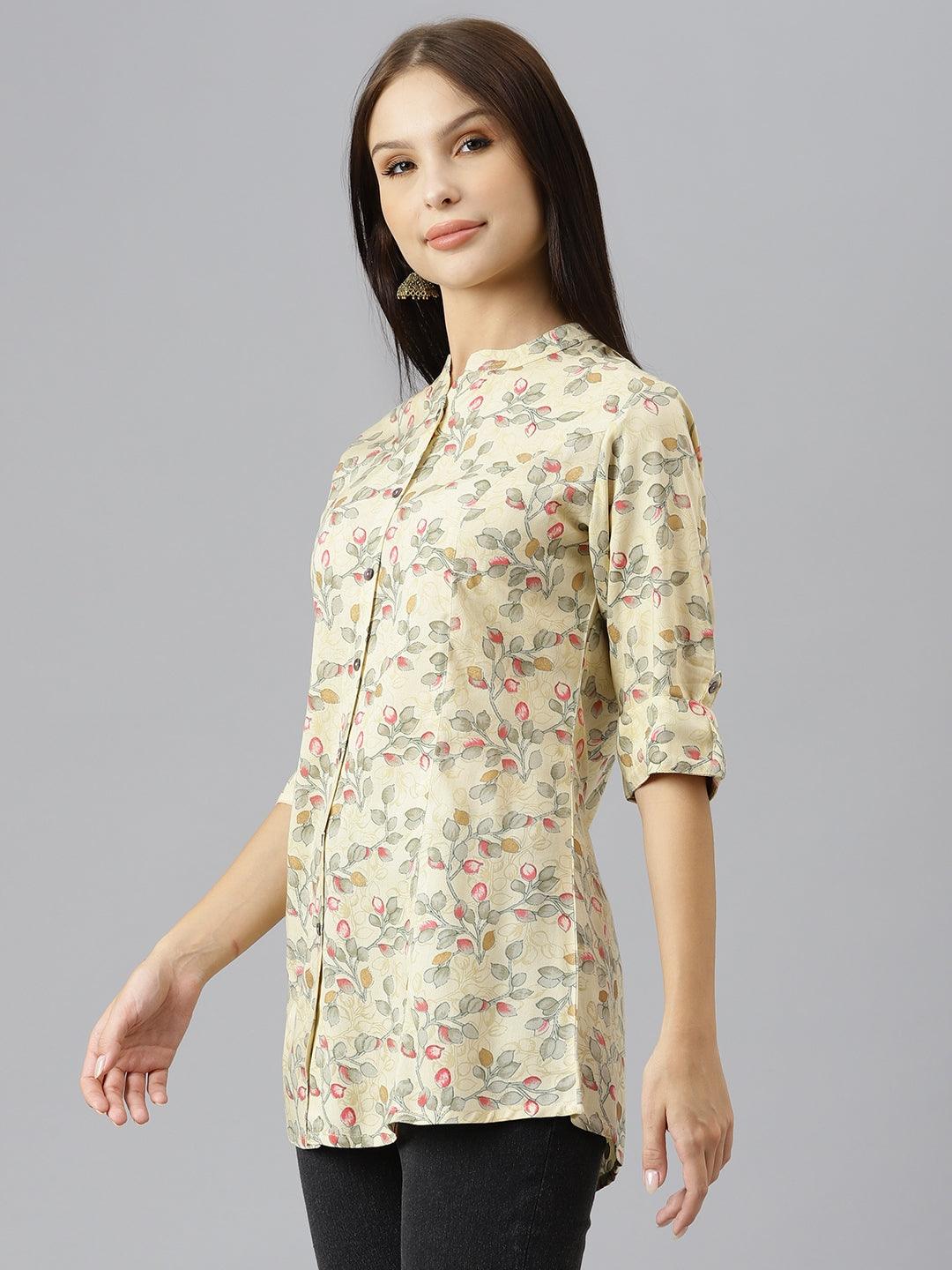 Women's Beige Floral Rayon A-line Shirts Style Top - Taantav