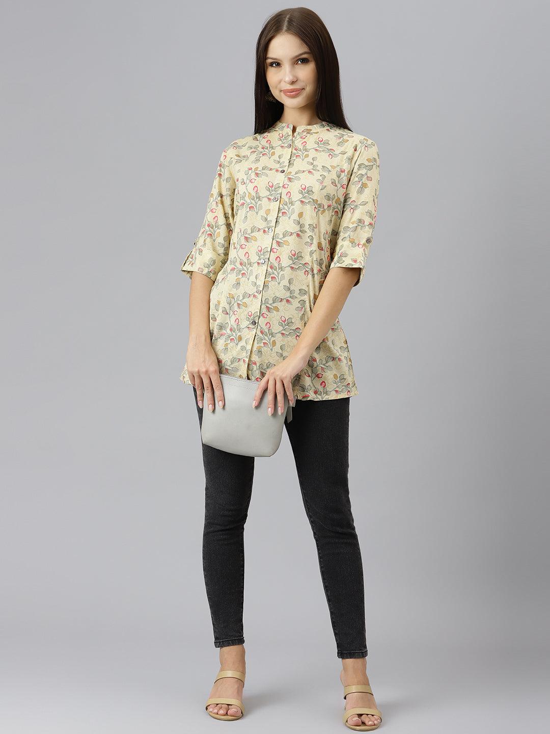 Women's Beige Floral Rayon A-line Shirts Style Top - Taantav