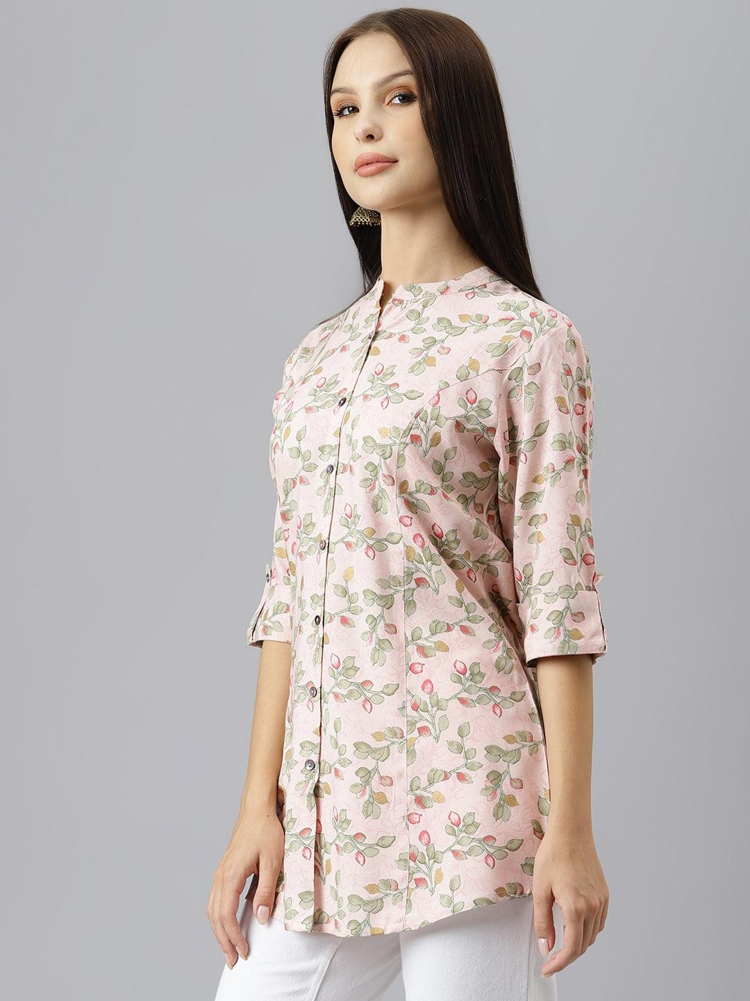 Women's Light Pink Floral Rayon A-line Shirts Style Top - Taantav