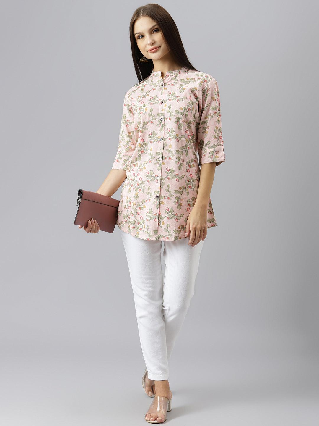 Women's Light Pink Floral Rayon A-line Shirts Style Top - Taantav