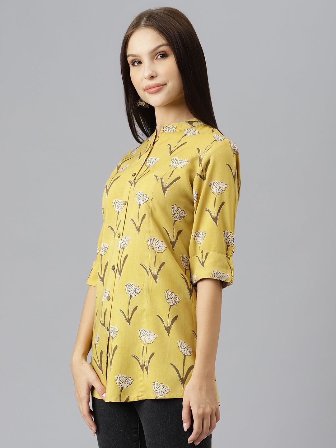 Women's Mustard Floral Rayon A-line Shirts Style Top - Taantav