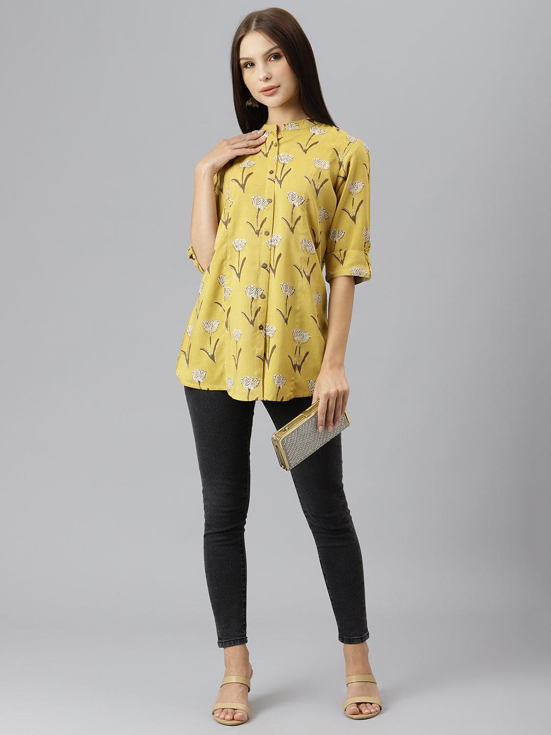 Women's Mustard Floral Rayon A-line Shirts Style Top - Taantav