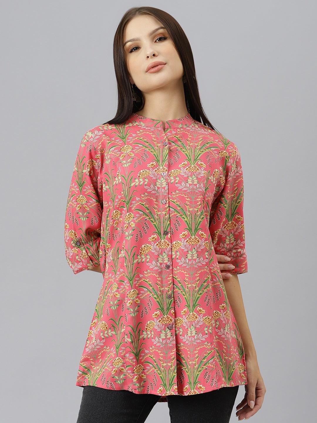 Women's Dark Pink Floral Rayon A-line Shirts Style Top - Taantav