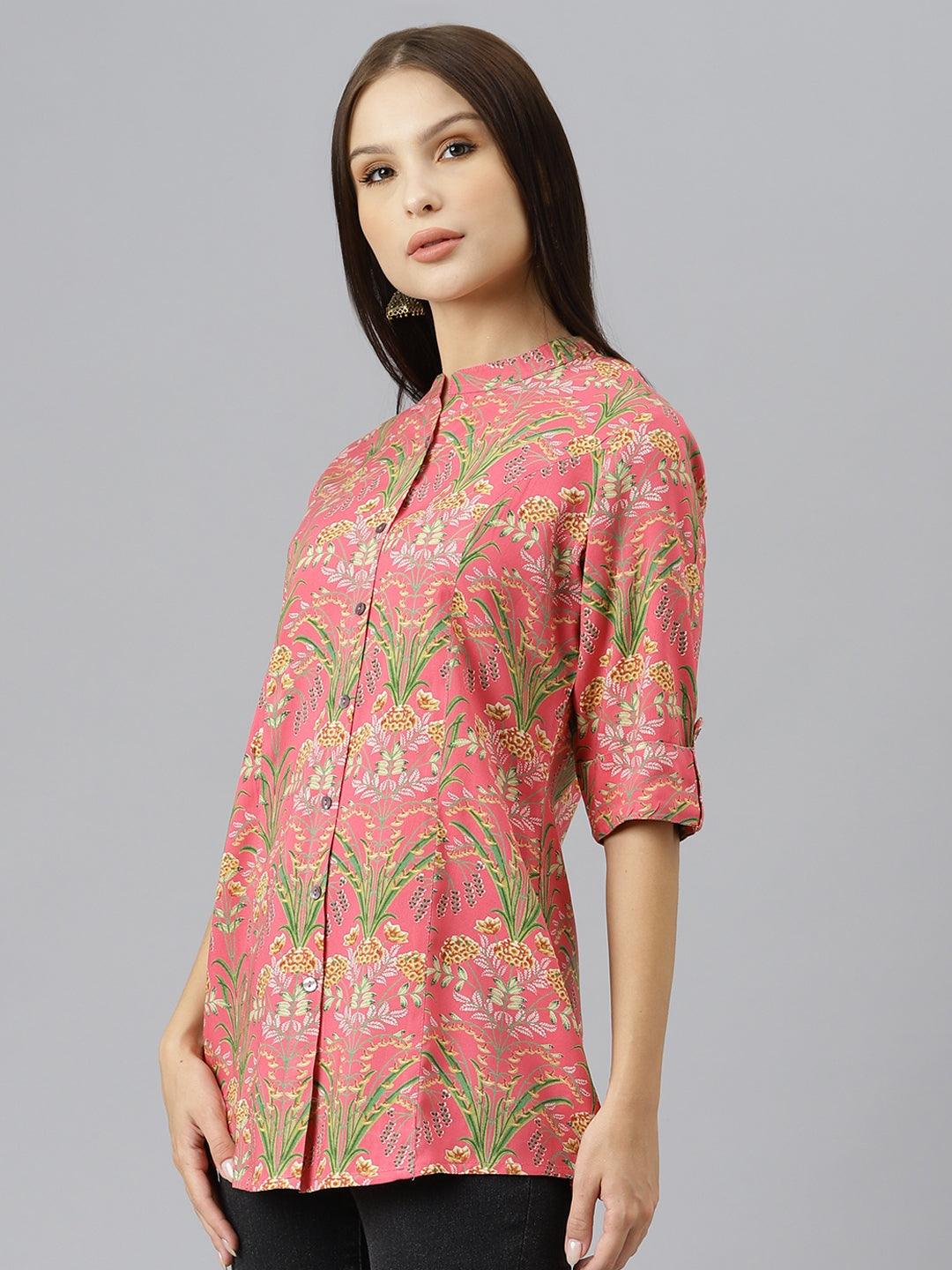 Women's Dark Pink Floral Rayon A-line Shirts Style Top - Taantav