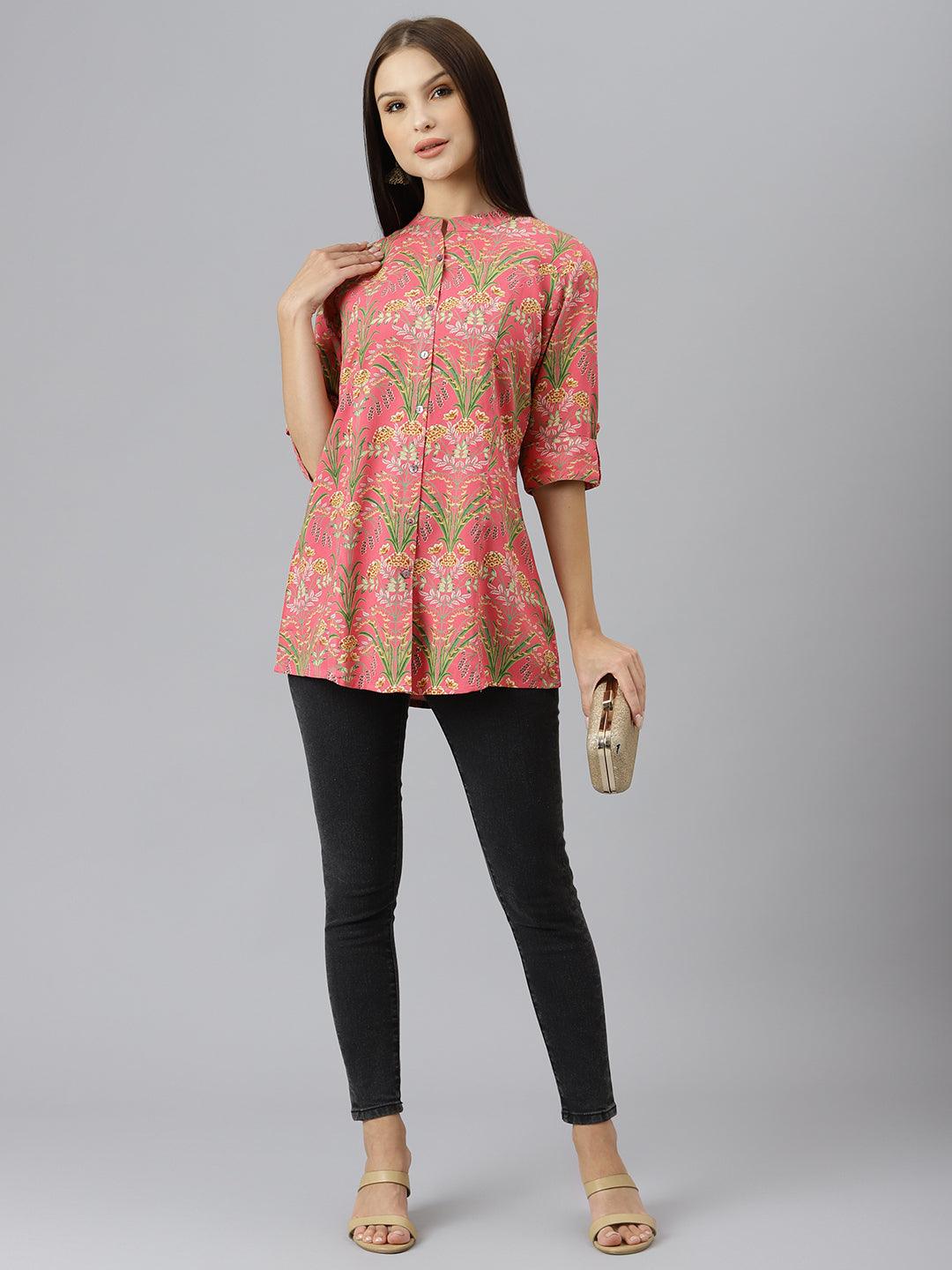 Women's Dark Pink Floral Rayon A-line Shirts Style Top - Taantav