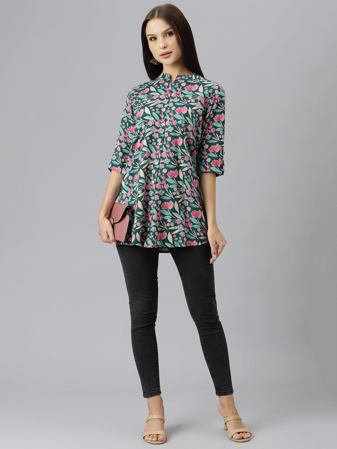 Women's Dark Green Floral Rayon A-line Shirts Style Top - Taantav