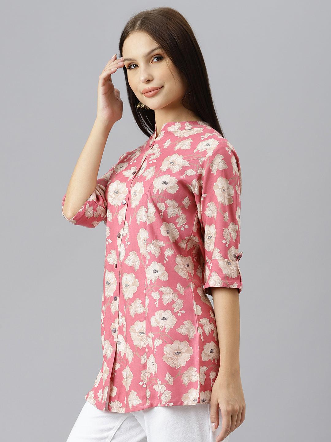 Women's Maroon Floral Rayon A-line Shirts Style Top - Taantav