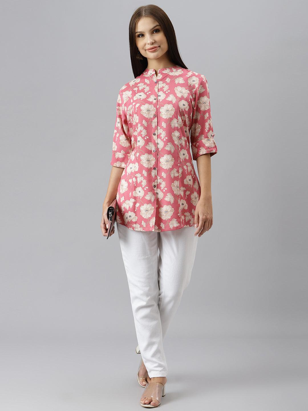 Women's Maroon Floral Rayon A-line Shirts Style Top - Taantav