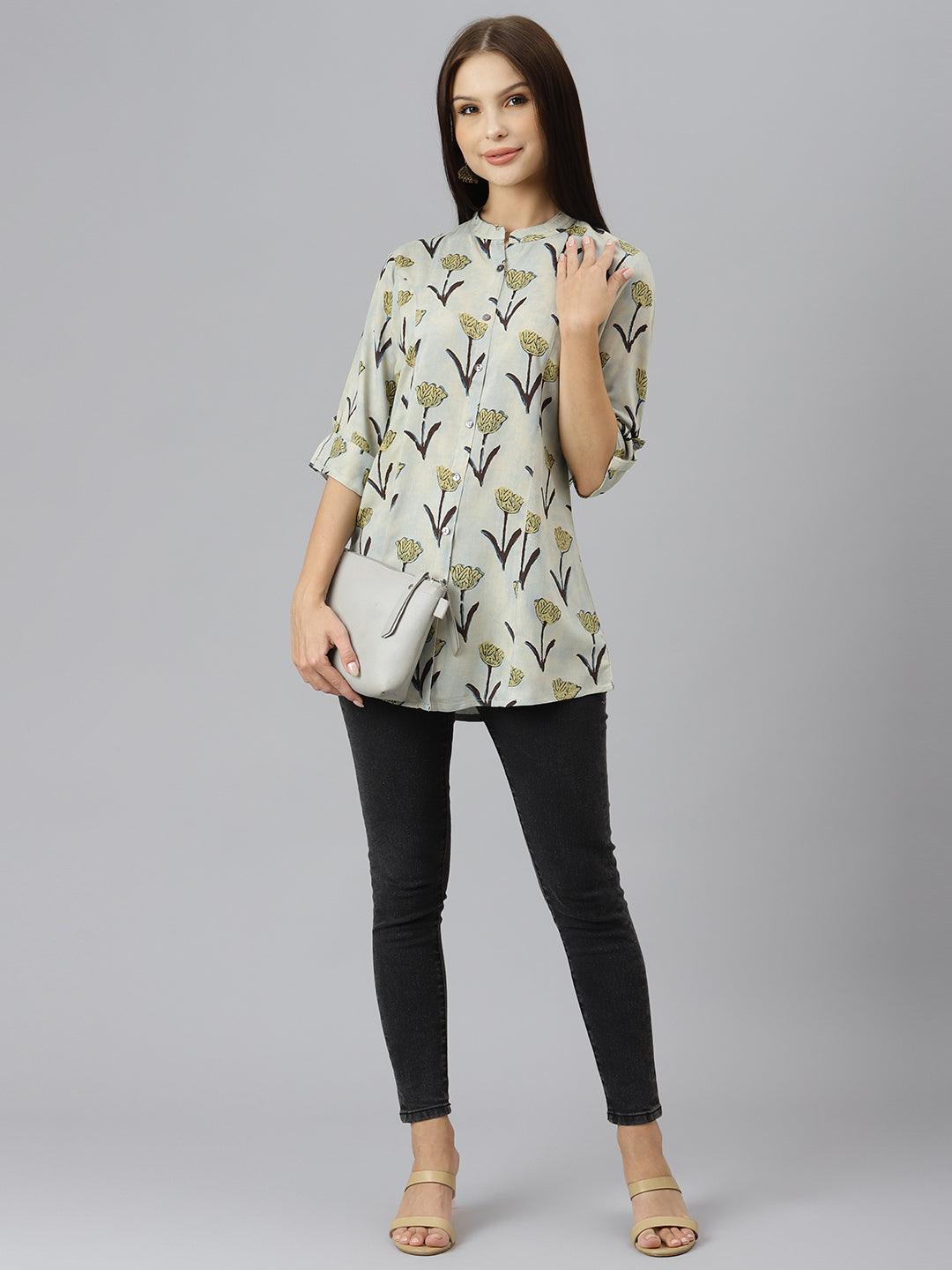 Women's Cream Floral Rayon A-line Shirts Style Top - Taantav