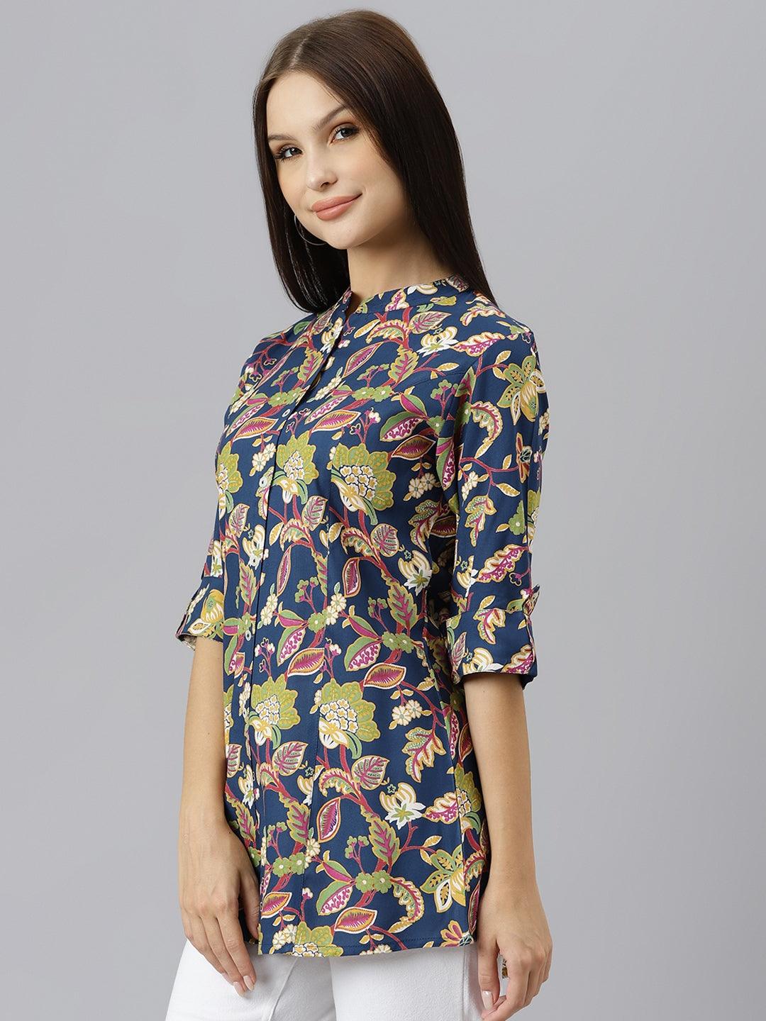 Women's Navy Blue Floral Rayon A-line Shirts Style Top - Taantav