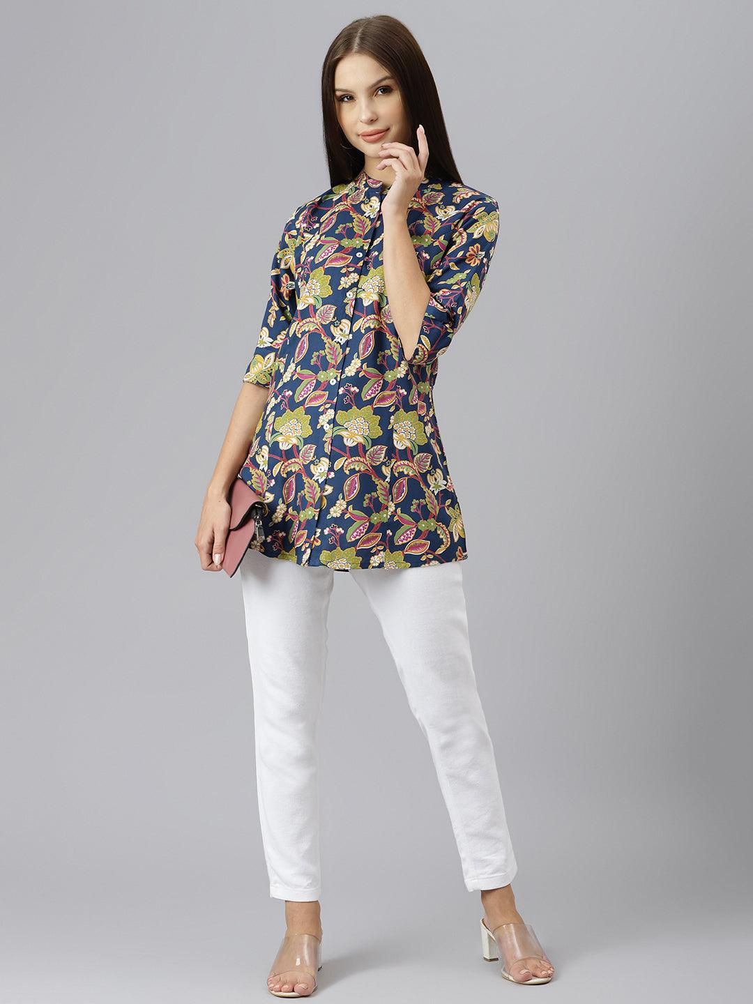 Women's Navy Blue Floral Rayon A-line Shirts Style Top - Taantav