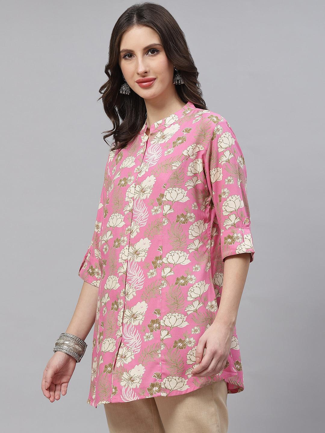 Women's Light Pink Floral Rayon A-line Top - Taantav