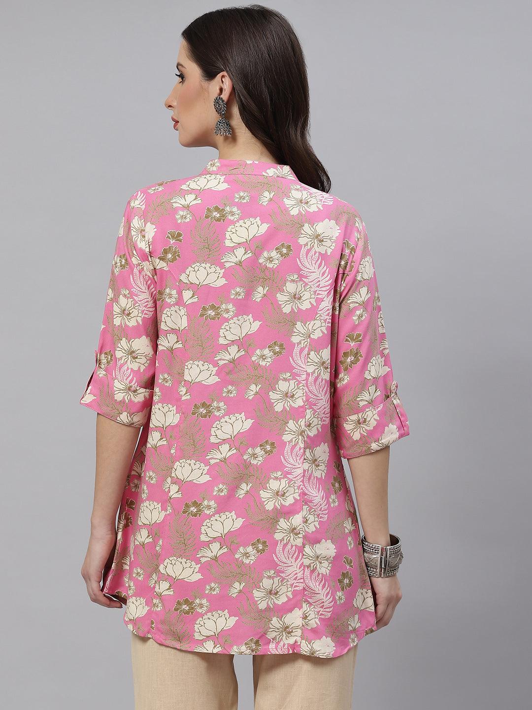 Women's Light Pink Floral Rayon A-line Top - Taantav