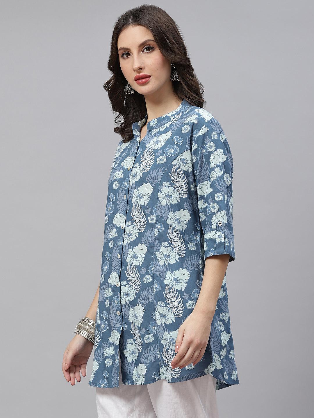 Women's Blue Floral Rayon A-lineTop - Taantav