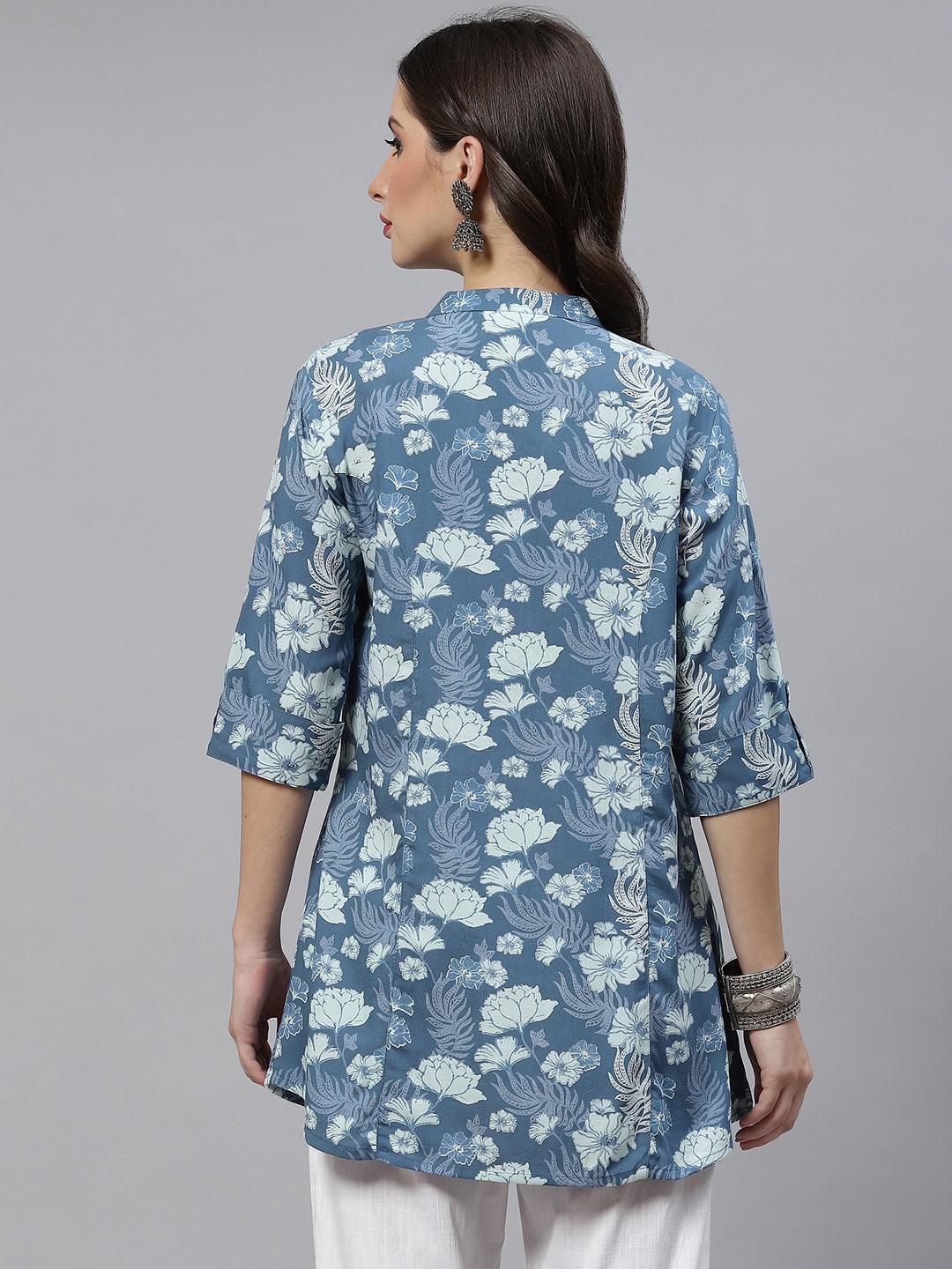 Women's Blue Floral Rayon A-lineTop - Taantav