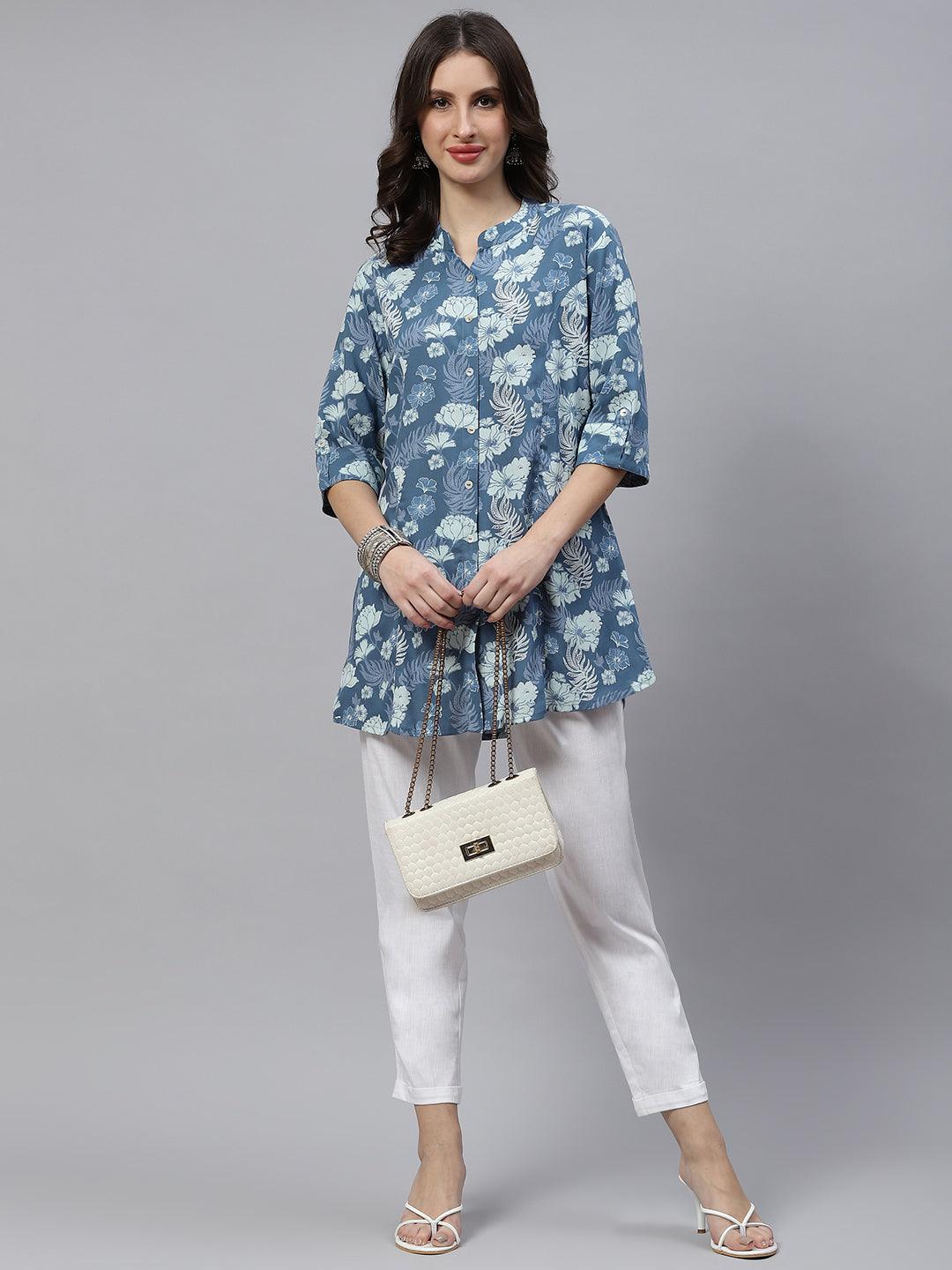 Women's Blue Floral Rayon A-lineTop - Taantav