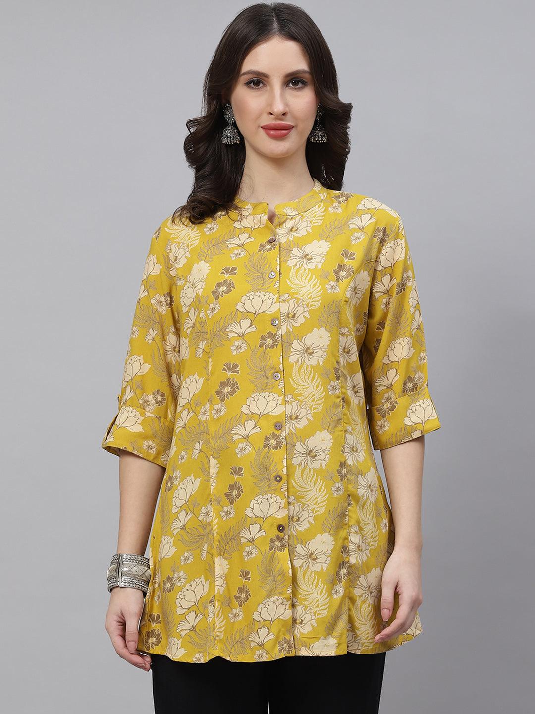 Women's Mustard Floral Rayon A-lineTop - Taantav