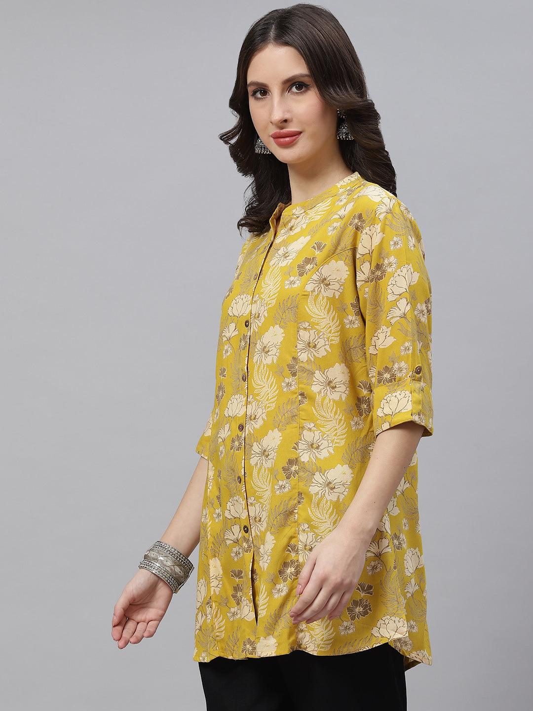 Women's Mustard Floral Rayon A-lineTop - Taantav